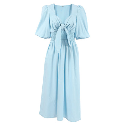 V Neck Tie Elastic Waist Bubble Sleeve Linen Midi Dresses