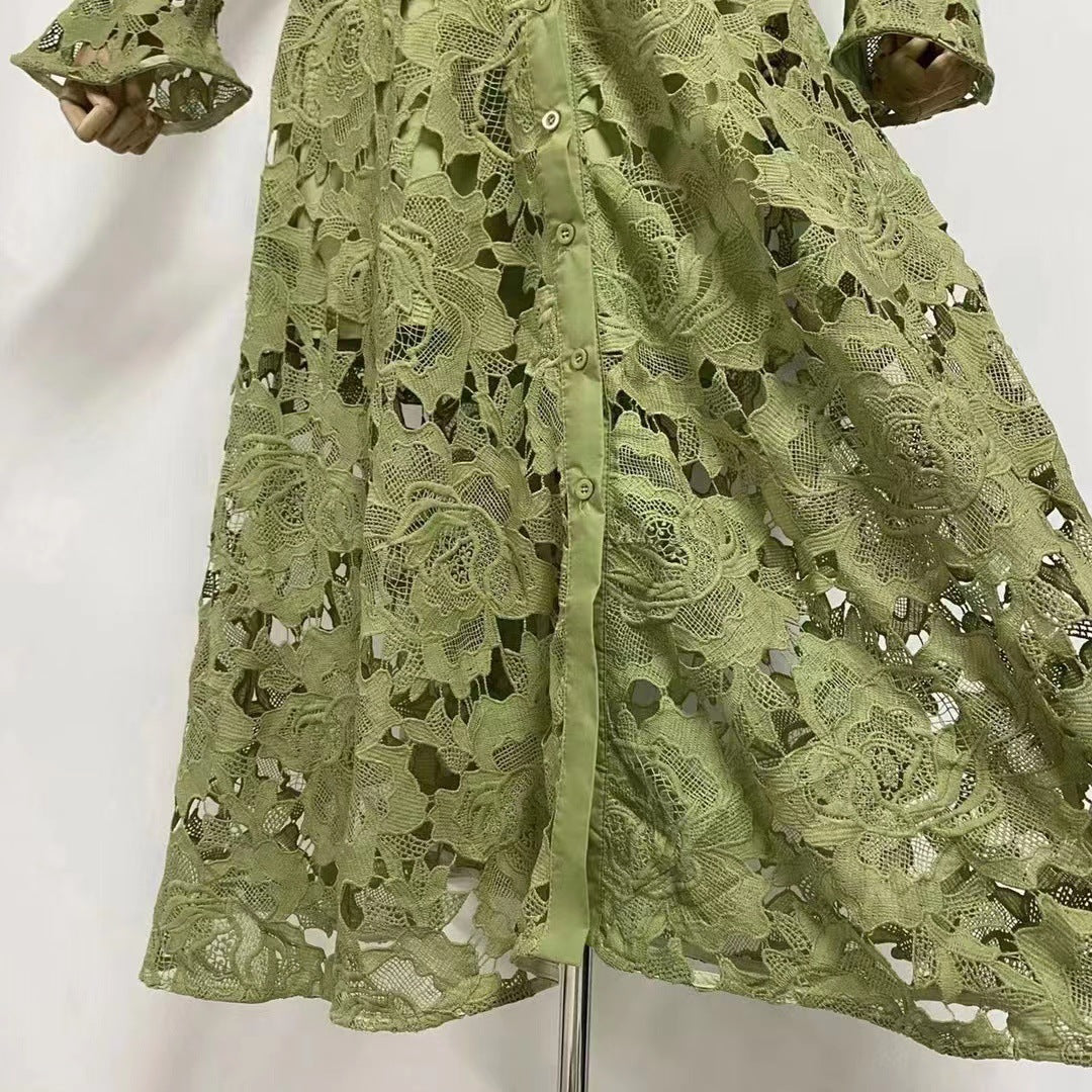 Floral Embroidered Crochet Stand Collar Midi Dresses