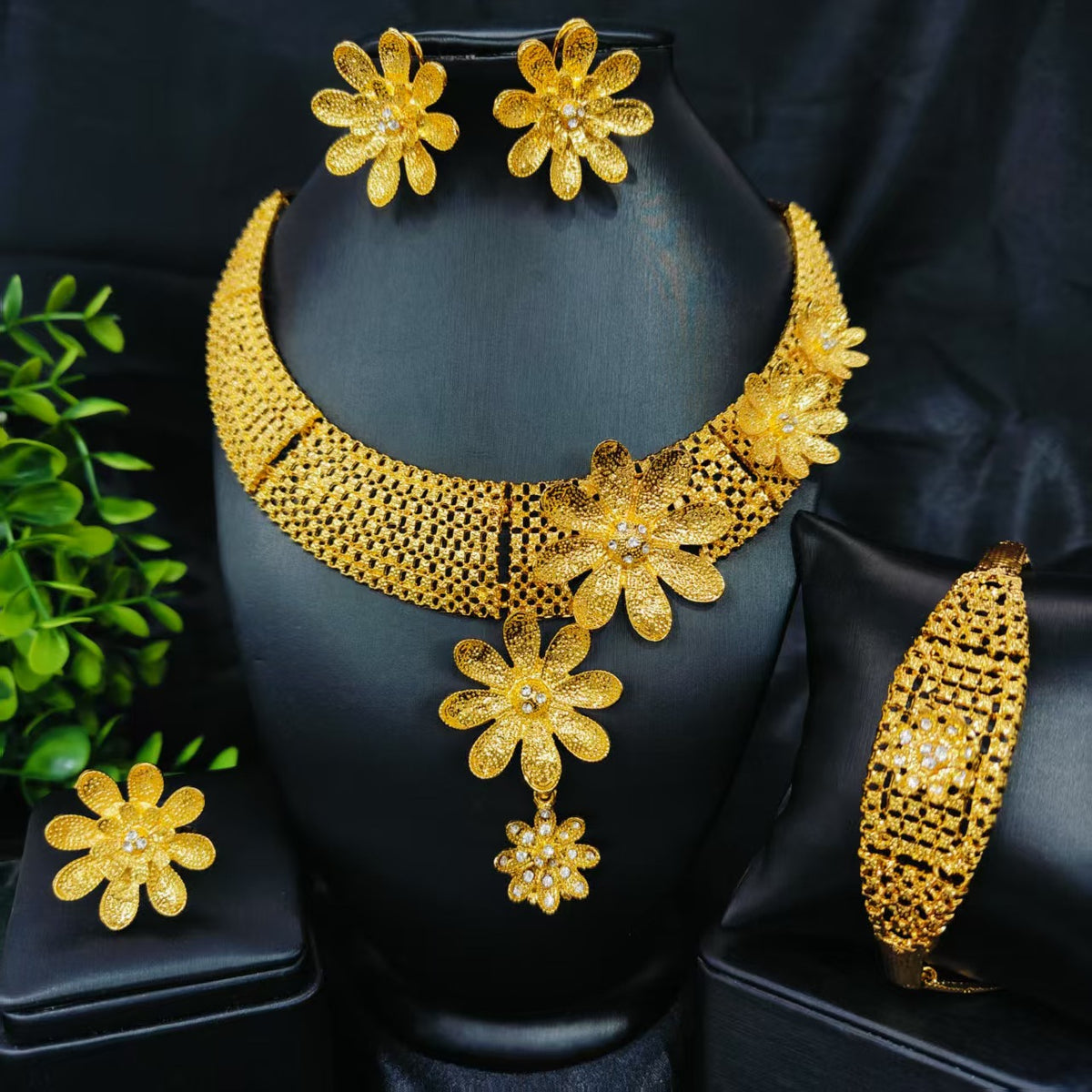 Vintage Jewelry Set 24k Gold Plated Necklace Diamond Bracelet Earrings Set