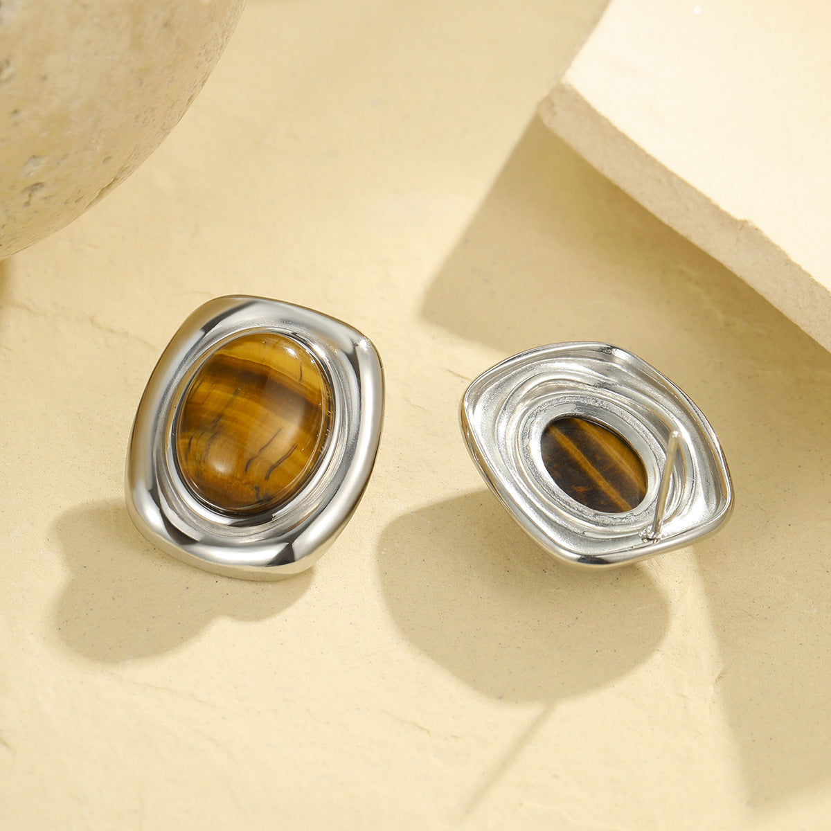 Oval Tiger Eye Gem With 18k Gold Plated Earrings Gorgeous Vintage Jewelry