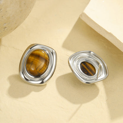 Oval Tiger Eye Gem With 18k Gold Plated Earrings Gorgeous Vintage Jewelry