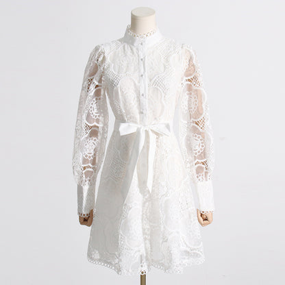 High Collar Lace Bubble Sleeve Ruffled Mini Dresses