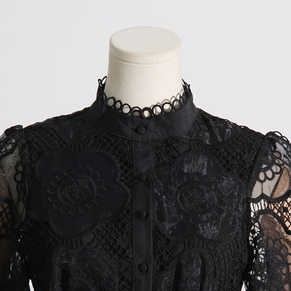 High Collar Lace Bubble Sleeve Ruffled Mini Dresses