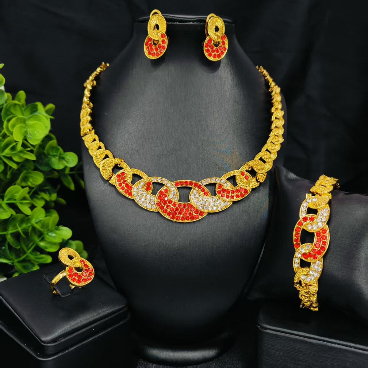 Vintage Jewelry Set 24k Gold Plated Necklace Diamond Bracelet Earrings Set