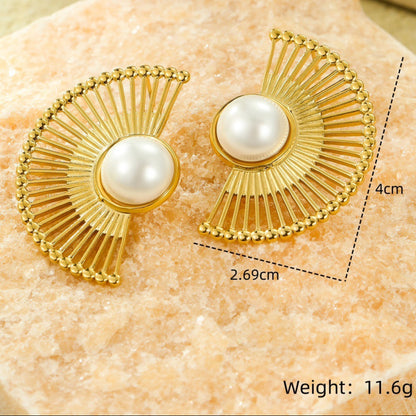 18k Gold Plated Scalloped Pearl Stainless Steel Earrings