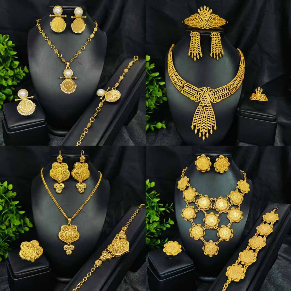 Vintage Jewelry Set 24k Gold Plated Necklace Diamond Bracelet Earrings Set