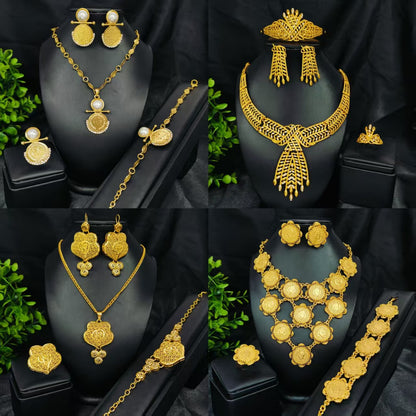 Vintage Jewelry Set 24k Gold Plated Necklace Diamond Bracelet Earrings Set
