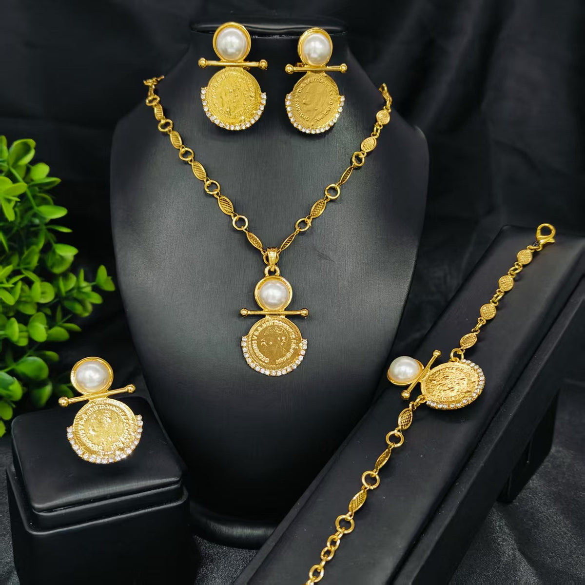Vintage Jewelry Set 24k Gold Plated Necklace Diamond Bracelet Earrings Set