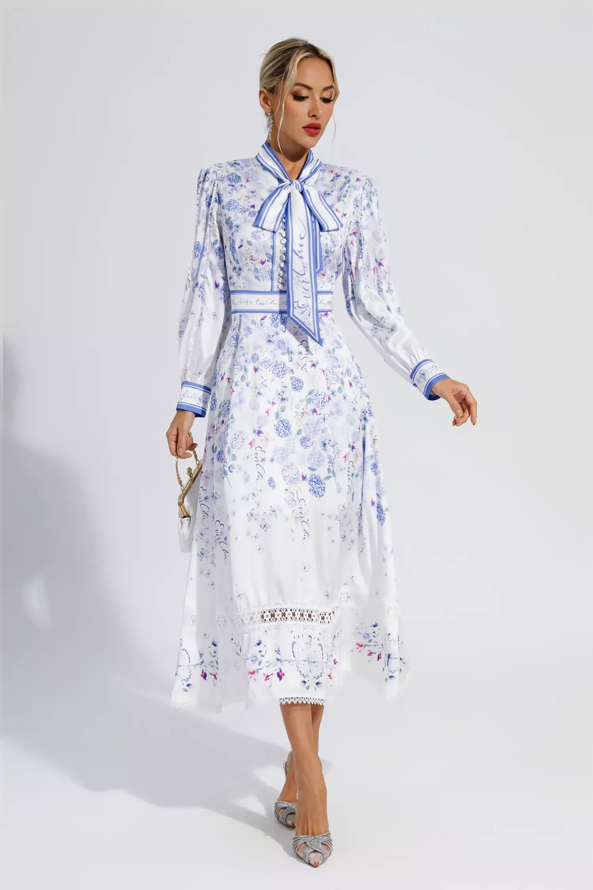 Long Bubble Sleeve Floral Midi Dresses