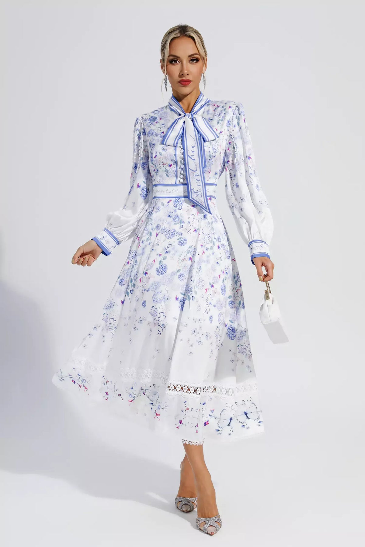 Long Bubble Sleeve Floral Midi Dresses
