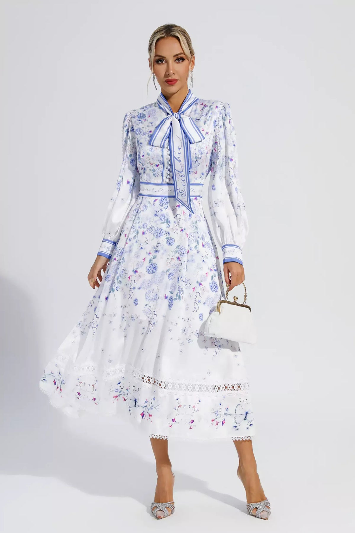 Long Bubble Sleeve Floral Midi Dresses