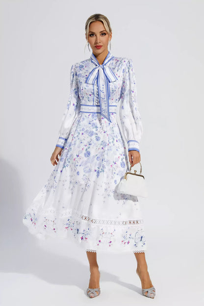 Long Bubble Sleeve Floral Midi Dresses