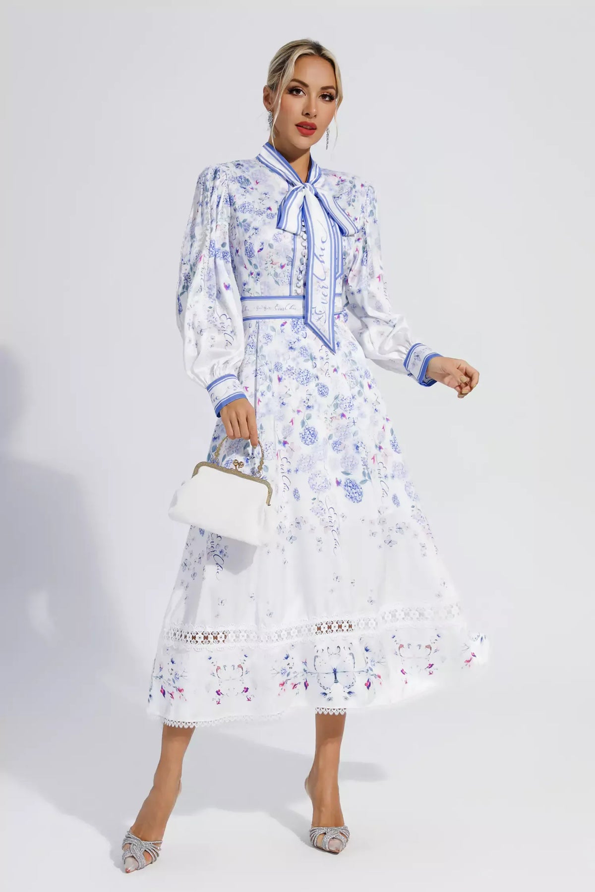 Long Bubble Sleeve Floral Midi Dresses