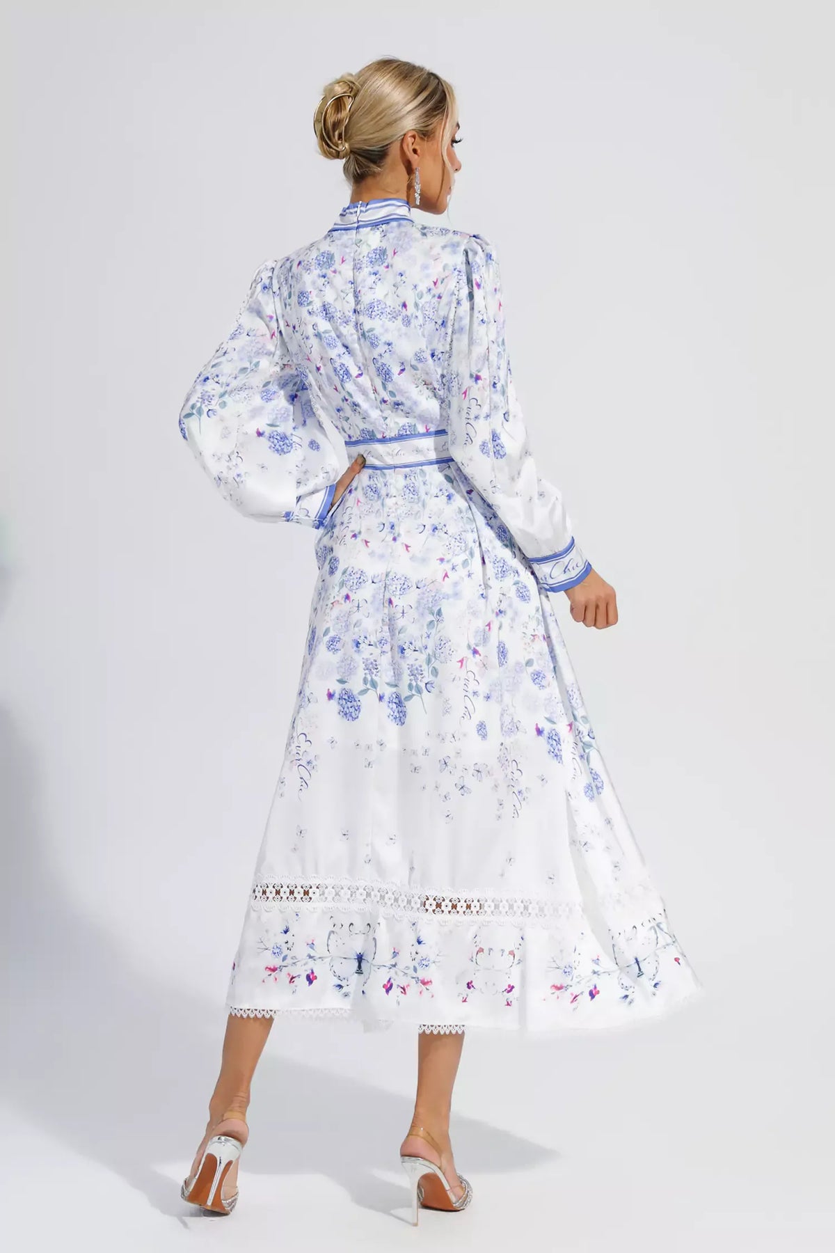 Long Bubble Sleeve Floral Midi Dresses