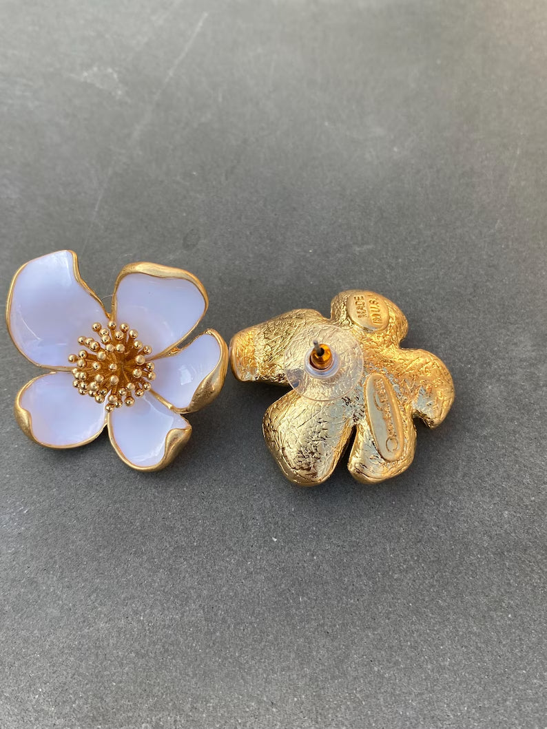 Two floral earrings on a gray background