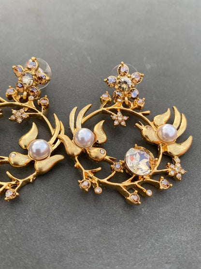 Vintage Jewelry Designer Gold Swallows Crystal Drop Earrings