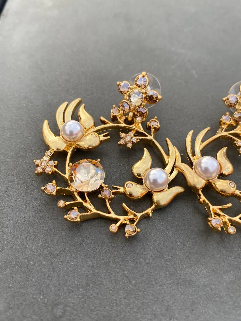 Vintage Jewelry Designer Gold Swallows Crystal Drop Earrings