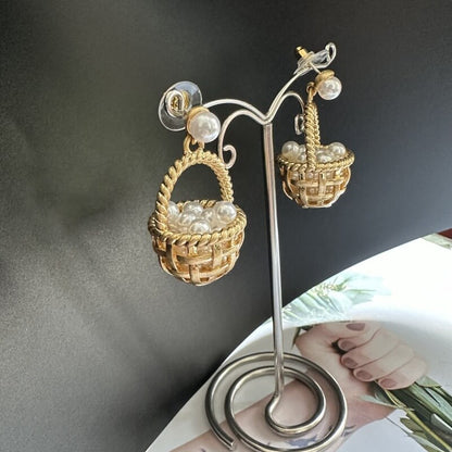 Pearl Cluster Gold Flower Basket Drop Earrings Hypoallergenic Pastoral Style Jewelry