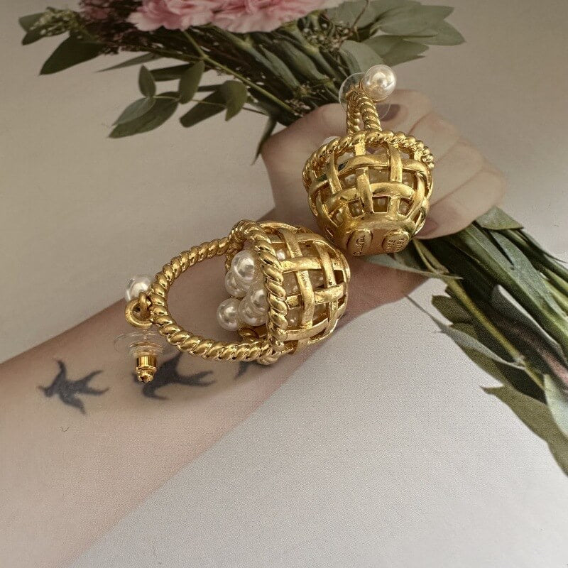 Pearl Cluster Gold Flower Basket Drop Earrings Hypoallergenic Pastoral Style Jewelry