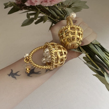 Pearl Cluster Gold Flower Basket Drop Earrings Hypoallergenic Pastoral Style Jewelry