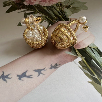 Pearl Cluster Gold Flower Basket Drop Earrings Hypoallergenic Pastoral Style Jewelry