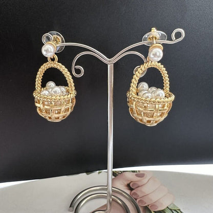 Pearl Cluster Gold Flower Basket Drop Earrings Hypoallergenic Pastoral Style Jewelry