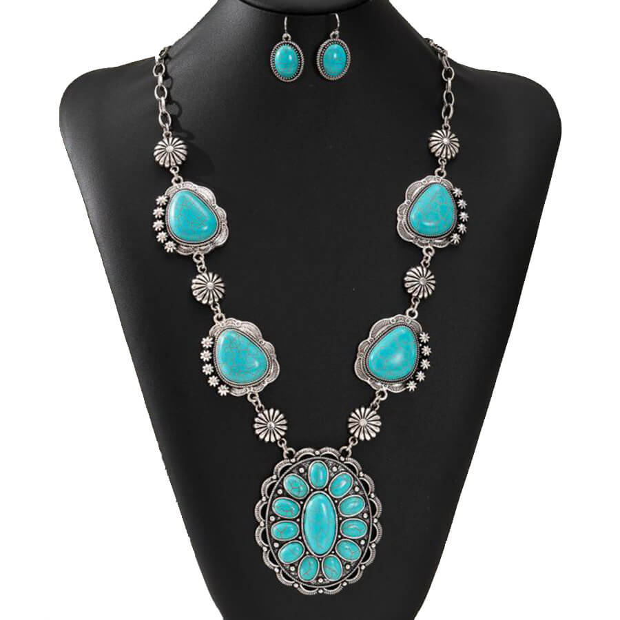 Vintage Jewelry Set Turquoise Silver Necklace Earrings