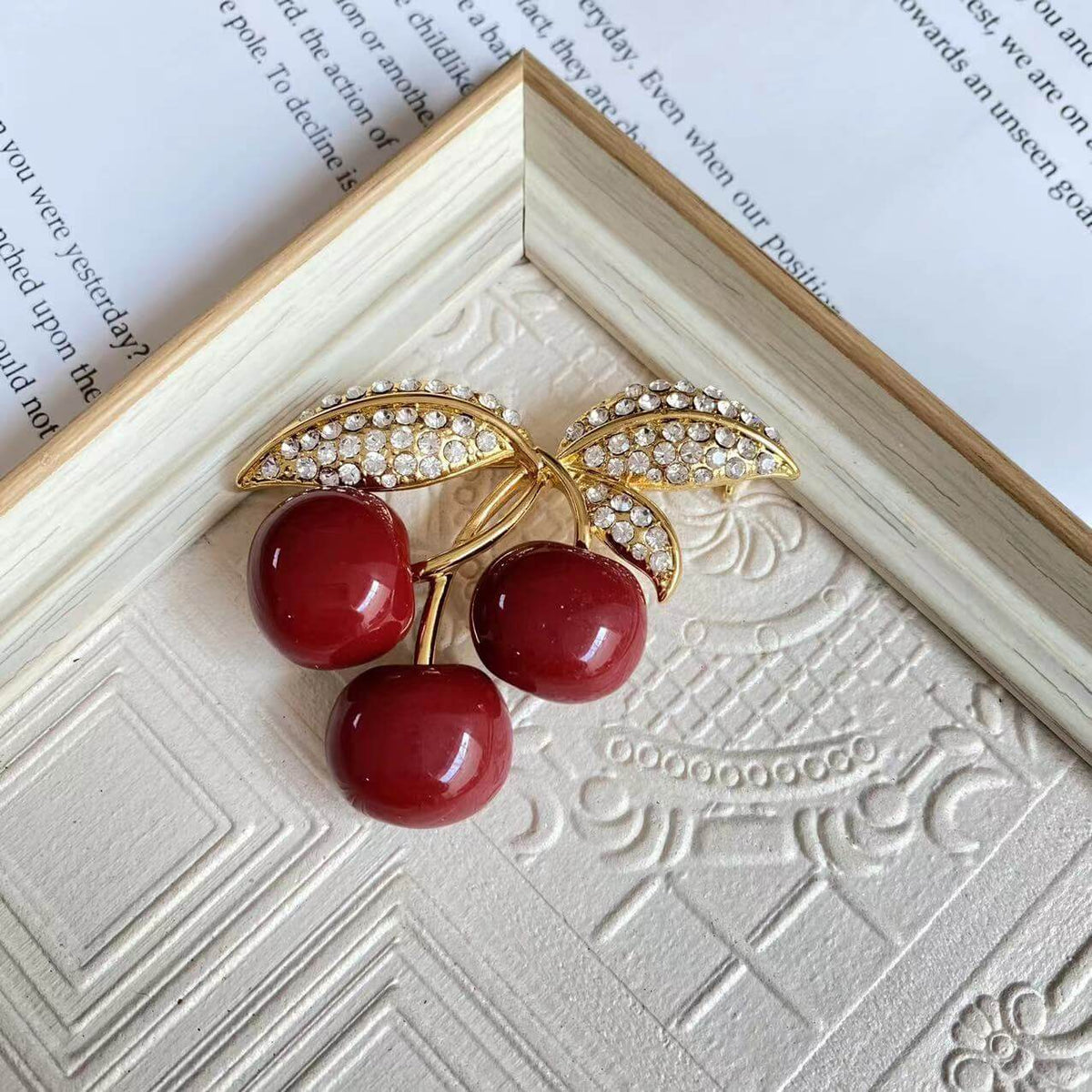 Vintage Jewelry Set Cherry Diamond Necklace Brooch Earrings