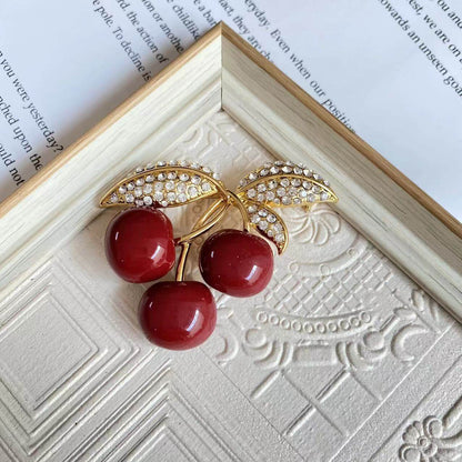 Vintage Jewelry Set Cherry Diamond Necklace Brooch Earrings