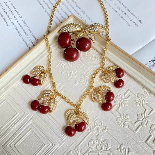 Vintage Jewelry Set Cherry Diamond Necklace Brooch Earrings