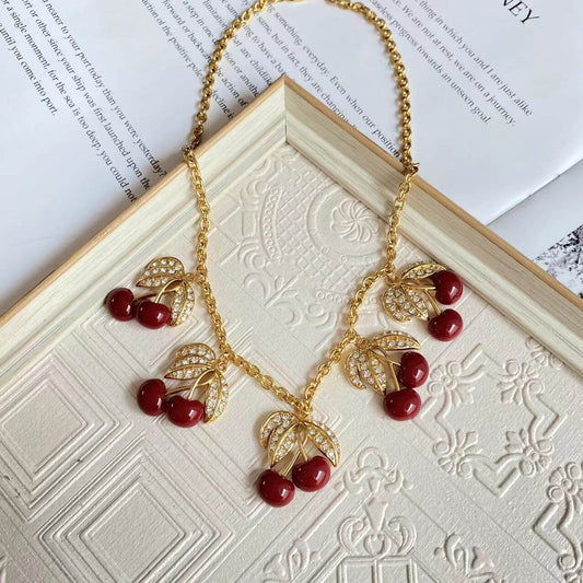 Vintage Jewelry Set Cherry Diamond Necklace Brooch Earrings