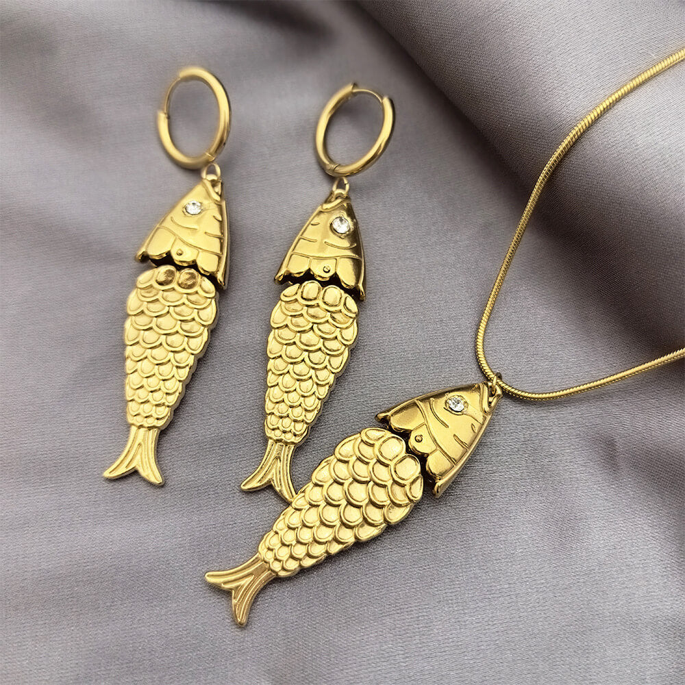 Vintage Golden Koi Necklace Drop Earrings Jewelry Set