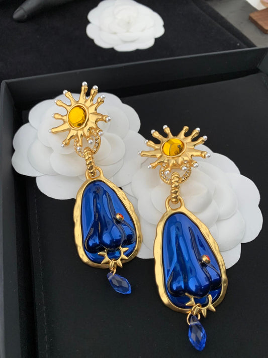 24K Solid Gold Plated Vintage Sun Tear Drop Earrings