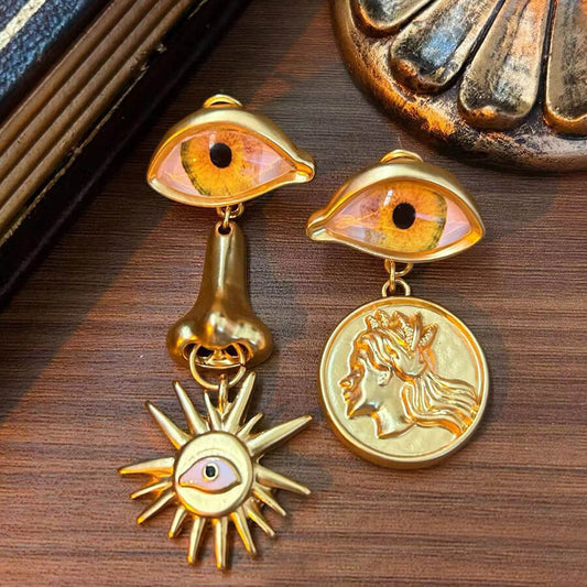 Vintage 24K Solid Gold Plated Eyes Nose Earrings