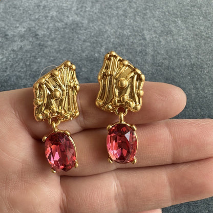 Vintage Jewelry Gold Plated Branches Geometric Symmetry Gems Drop Earrings