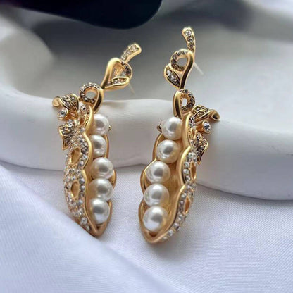 24K Solid Gold Plated Vintage Diamond Earrings With Pea Pods Pearl