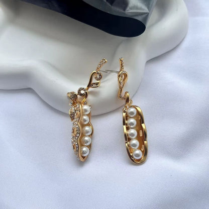 24K Solid Gold Plated Vintage Diamond Earrings With Pea Pods Pearl