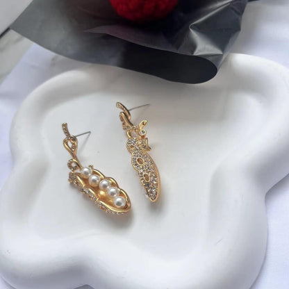 24K Solid Gold Plated Vintage Diamond Earrings With Pea Pods Pearl