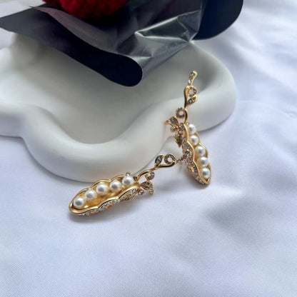 24K Solid Gold Plated Vintage Diamond Earrings With Pea Pods Pearl