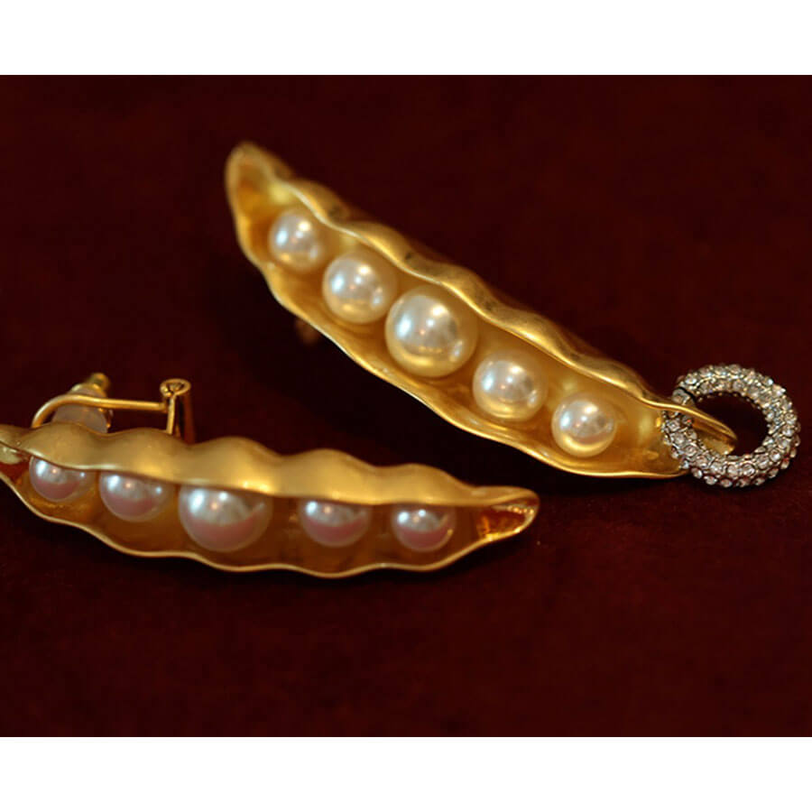 24K Solid Gold Plated Vintage Diamond Earrings With Pea Pods Pearl