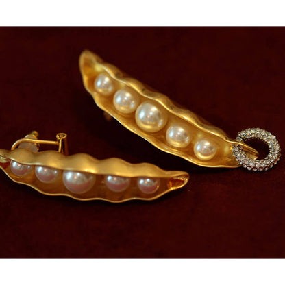 24K Solid Gold Plated Vintage Diamond Earrings With Pea Pods Pearl