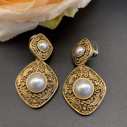 Vintage Jewelry Pearl Copper Drop Earrings