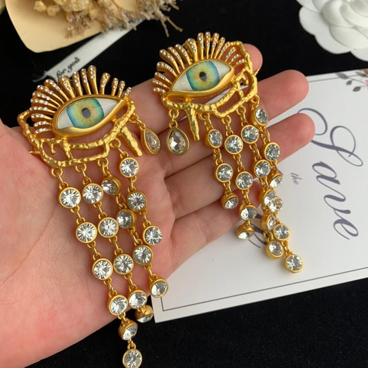 Vintage 24K Solid Gold Plated Evil Eye Chandelier Earrings With Dangling Diamond Chain