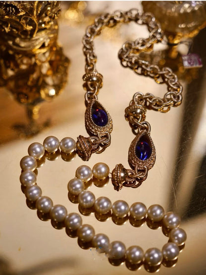 Vintage Jewelry Set Designer Pearl Necklace Earrings Ring
