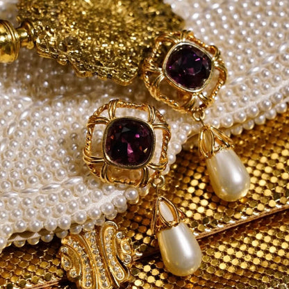 Vintage Jewelry Set Designer Pearl Necklace Earrings Ring