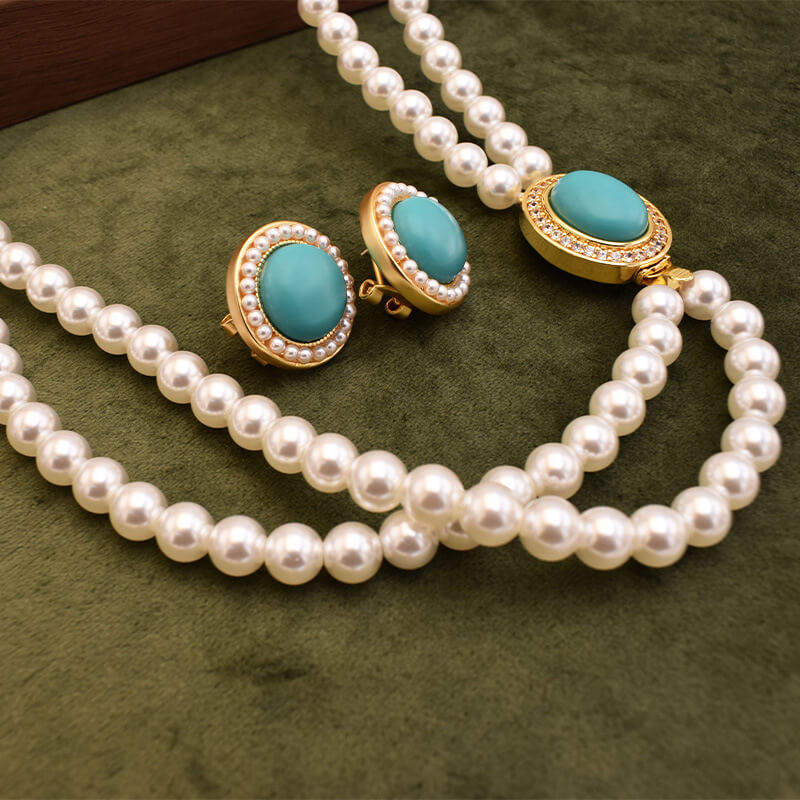 Vintage Jewelry Set Natural Gems Pearl Necklace Earring