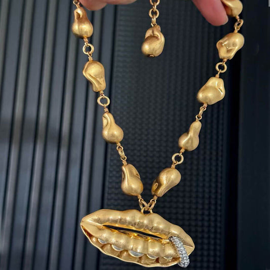 Vintage 24K Solid Gold Plated Earrings Necklace Brooch With Pearl Diamond