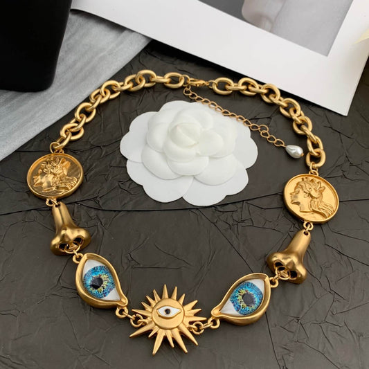 Vintage Jewelry Set Gold Eyes Nose Necklace Earrings