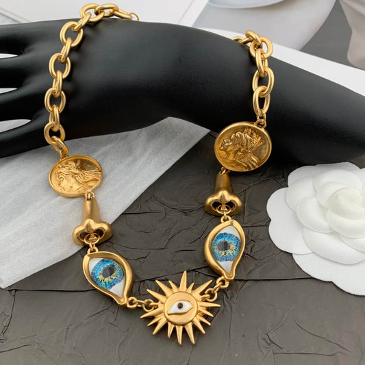 Vintage Jewelry Set Gold Eyes Nose Necklace Earrings
