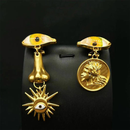 Vintage 24K Solid Gold Plated Eyes Nose Earrings